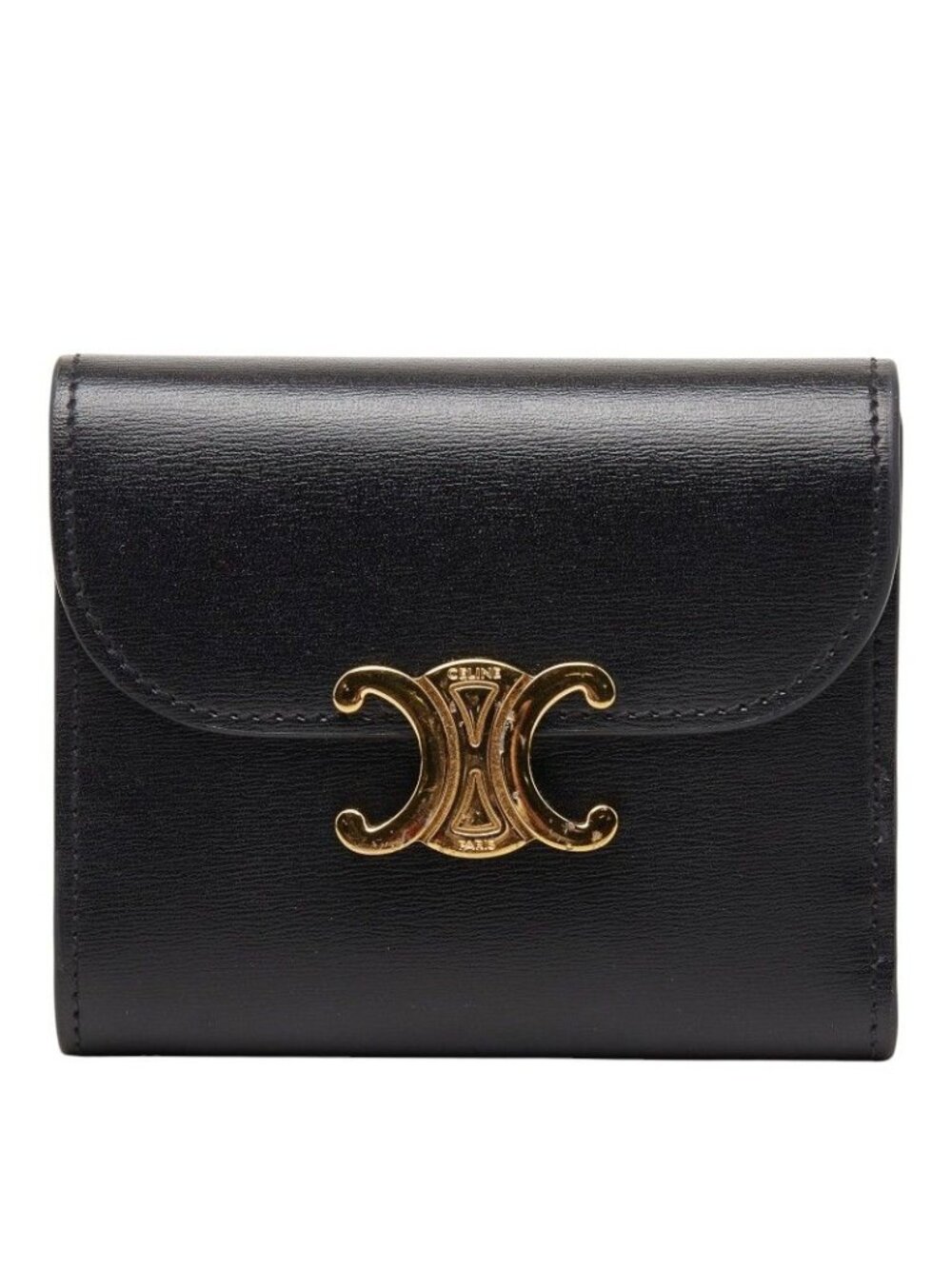 Celine Triomphe Compact Wallet Trifold Black Leather